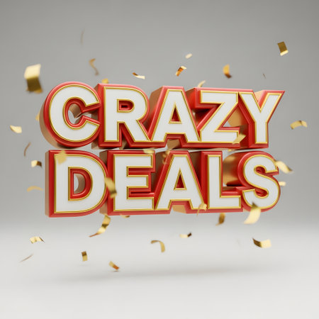 Crazy deals 3d text in bold red and white with golden outlines, with falling gold confetti, symbolizing a sale, discount, or promotionの素材