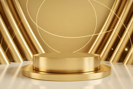 Elegant golden cylindrical podium display on a luxurious golden background with abstract light trails, perfect for product presentation and showcaseの素材