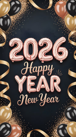 Happy new year 2026 celebration with rose gold balloon numbers, gold and black balloons, glitter, and elegant ribbonsの素材