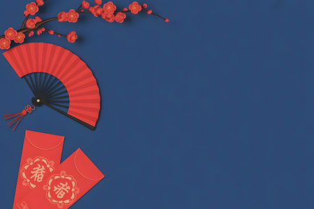Chinese new year flat lay with a red fan, traditional envelopes, and cherry blossoms on a dark blue background, offering space for text or designの素材