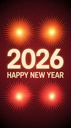 Happy new year 2026 celebration with vibrant fireworks display on a dark red background, perfect for greeting cards, banners, and festive designsの素材