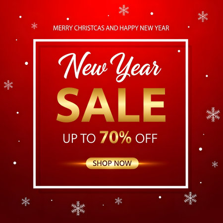 Vibrant red new year sale banner with up to 70% off and shop now button, adorned with festive snowflakes, ideal for holiday promotionsの素材