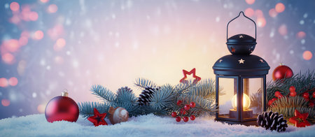 Christmas lantern with festive decorations, pine branches, red ornaments, and falling snow on a magical bokeh background, creating a cozy winter holiday sceneの素材