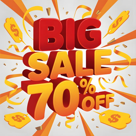 Dynamic big sale 70% off promotional banner with bold 3d text, golden confetti, ribbons, and dollar sign tags, perfect for marketingの素材