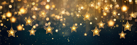 Golden hanging stars with sparkling bokeh lights against a dark background, perfect for festive and magical celebrationsの素材