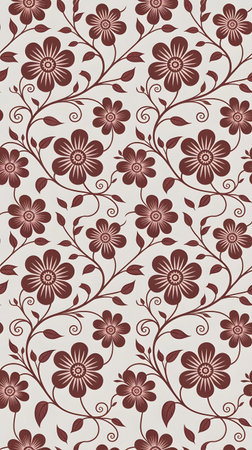 Traditional seamless floral pattern with detailed red flowers and elegant swirling vines on a textured light backgroundの素材