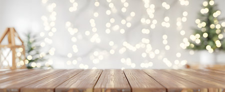 Empty rustic wooden table with sparkling christmas lights and blurred festive decorations in the background, perfect for holidaysの素材