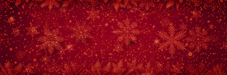 Red background with subtle snowflake patterns and falling snow texture, creating a festive winter holiday atmosphereの素材