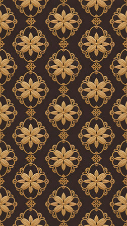 Intricate golden floral and ornamental pattern on a rich dark brown background, offering a luxurious and classic design aestheticの素材