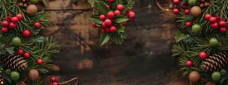 Festive christmas garland with vibrant red berries, natural pinecones, and lush green fir branches on a rustic wood backgroundの素材