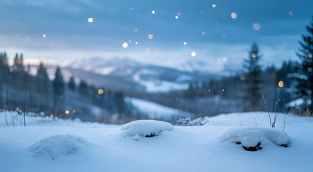 Beautiful winter landscape with fresh snow falling over a serene mountain range and evergreen trees at duskの素材