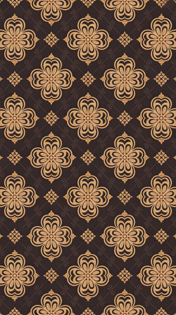 Seamless ornate golden floral pattern on a dark brown textured background, exuding classic luxury and intricate eleganceの素材