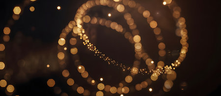 Golden bokeh lights creating abstract swirling patterns on a dark background, perfect for festive and celebratory designsの素材