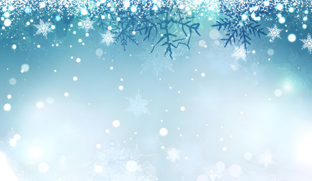 Serene winter background with delicate falling snowflakes, frosty elements, and a soft blue glow, perfect for festive designsの素材