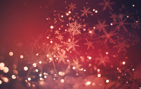 Festive red background with sparkling bokeh lights and delicate snowflakes creating a magical winter holiday atmosphereの素材