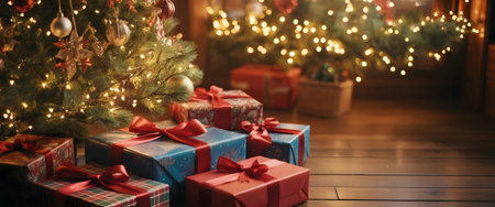 Beautifully wrapped presents under a festive tree adorned with sparkling lights, creating a warm and inviting holiday atmosphereの素材