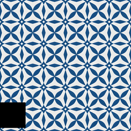 Blue geometric seamless pattern with abstract floral shapes on white background, decorative isolated on whiteの素材