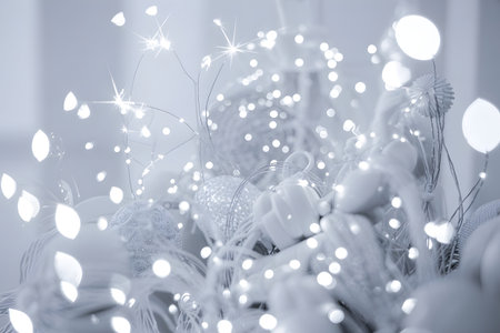 Ethereal glow of white christmas lights illuminating festive holiday decorations with a soft, magical bokeh effectの素材