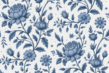 Elegant blue floral seamless pattern with vintage chinoiserie style flowers and leaves on a white backgroundの素材