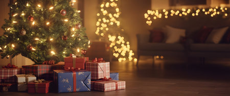 Cozy christmas scene with a decorated tree, glowing lights, and gifts, creating a warm holiday atmosphere indoorsの素材