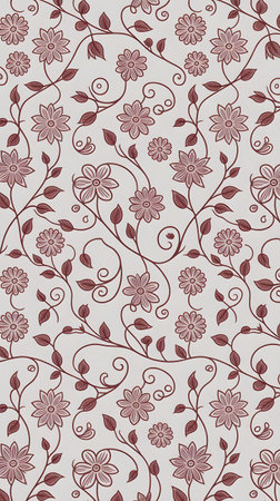 Graceful red floral seamless pattern with delicate swirling vines on a light background, ideal for textile designの素材