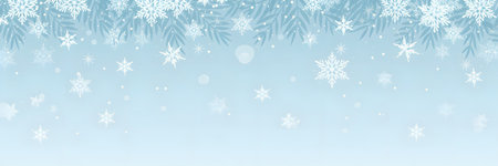Winter background with falling snowflakes and fir branches on a light blue gradient, festive holiday season design elementの素材