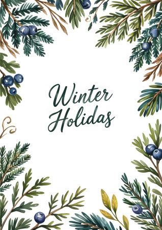 Watercolor frame with winter holiday elements, featuring evergreen branches and blue berries, isolated on white backgroundの素材