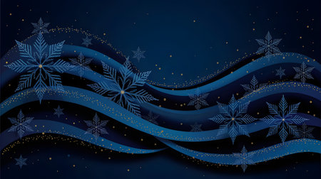 Elegant dark blue winter background with sparkling snowflakes and flowing wavy ribbons, ideal for festive holiday designsの素材