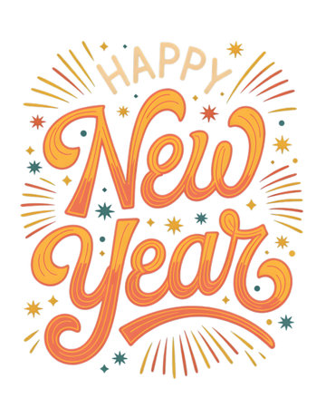 Happy new year lettering isolated on transparent background festive greeting card with hand drawn typography and colorful star decorationの素材
