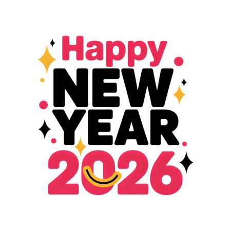Happy new year 2026 isolated on transparent background festive greeting card design with stars and colorful typography for holiday celebrationの素材