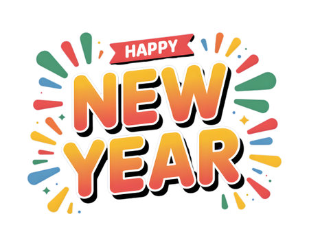 A vibrant and festive happy new year greeting with colorful rays isolated on transparent background, perfect for holiday cards and social media postsの素材