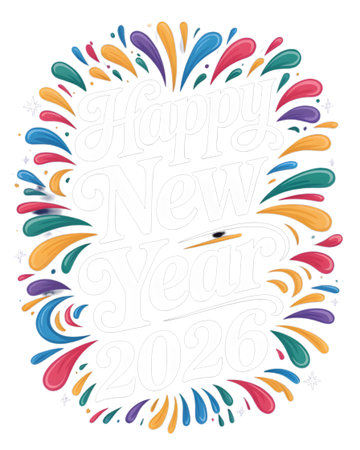 Happy new year 2026 greeting card with colorful splashes isolated on transparent background, perfect for festive celebrations and holiday wishesの素材