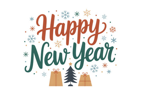 Happy new year lettering with christmas tree and gifts isolated on transparent background to celebrate the new year holiday seasonの素材