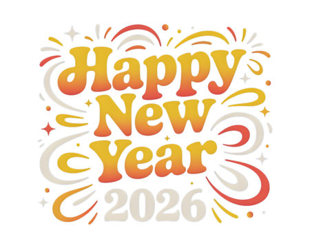 Happy new year 2026 greeting card isolated on transparent background, festive design with swirls, stars, and celebratory elementsの素材