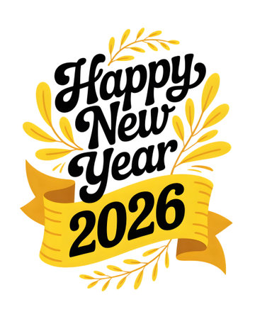 Happy new year 2026 greeting with yellow ribbon and leaves isolated on transparent background to celebrate the upcoming year with joy and cheerの素材