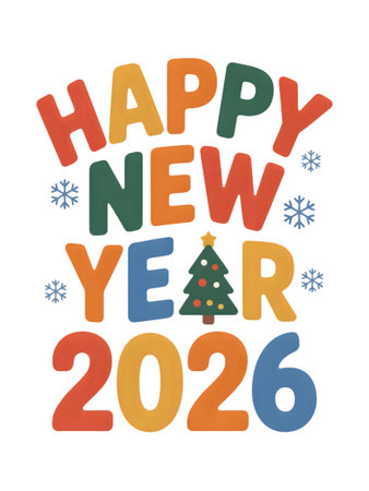Happy new year 2026 greeting card isolated on transparent background featuring a christmas tree and snowflakes in a colorful designの素材