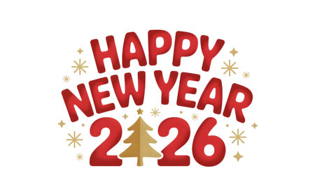 Happy new year 2026 isolated on transparent background festive greeting card with red text, golden christmas tree and star decorationsの素材