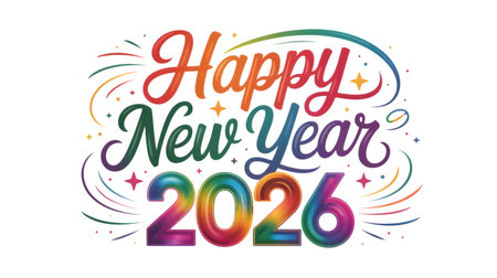 Happy new year 2026 typography isolated on transparent background, colorful lettering with rainbow effect, perfect for greeting cardsの素材