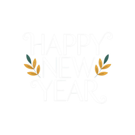Happy new year text isolated on transparent background with decorative leaves, perfect for greeting cards, banners, and social media postsの素材