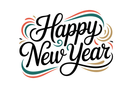 Elegant happy new year lettering isolated on transparent background, perfect for greeting cards, banners, and festive designs, adding a touch of warmthの素材