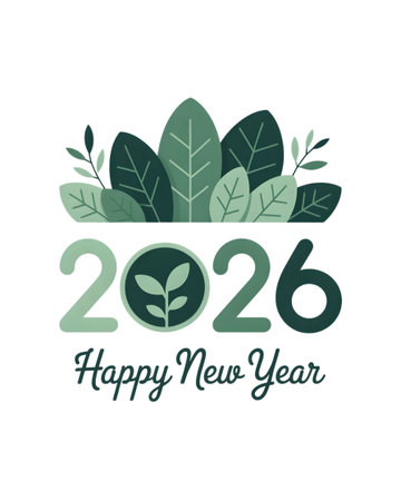 Happy new year 2026 greeting card with green leaves isolated on transparent background, a symbol of growth and renewal for the coming yearの素材