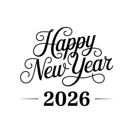 Elegant happy new year 2026 typography isolated on transparent background for festive celebrations and greeting card designs in minimalist styleの素材