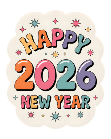 Happy New Year 2026 greeting card in retro style. Vector illustration.の素材