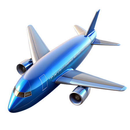 A sleek blue commercial aircraft ready for takeoff or landing, isolated on transparent backgroundの素材