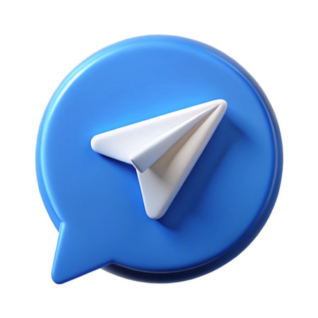 3d render of a blue speech bubble with a white paper airplane icon, symbolizing communication and messaging, isolated on transparent backgroundの素材