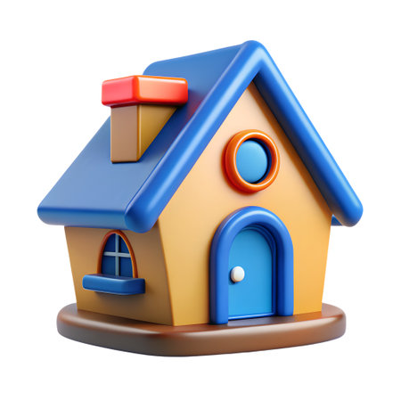 Charming 3d cartoon house with a blue roof, orange walls, and a blue door, featuring a chimney and windows, isolated on transparent backgroundの素材