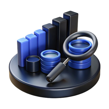 3d render of a business analytics concept with a bar chart, stacked coins, and a magnifying glass on a black base, isolated on transparent backgroundの素材