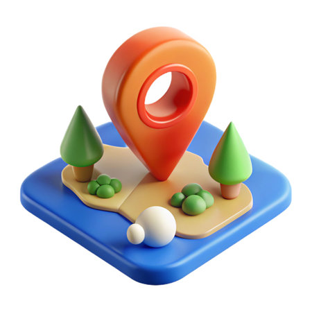 3d render of an orange location pin on a small island with green trees and bushes, floating on a blue base, isolated on transparent backgroundの素材