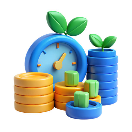 3d render of a clock, growing plants, and coin stacks, for time, money, investment, and financial growth isolated on transparent backgroundの素材