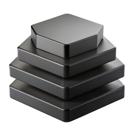Dark grey geometric shapes, a stack of rounded squares topped with a hexagon, isolated on a transparent backgroundの素材